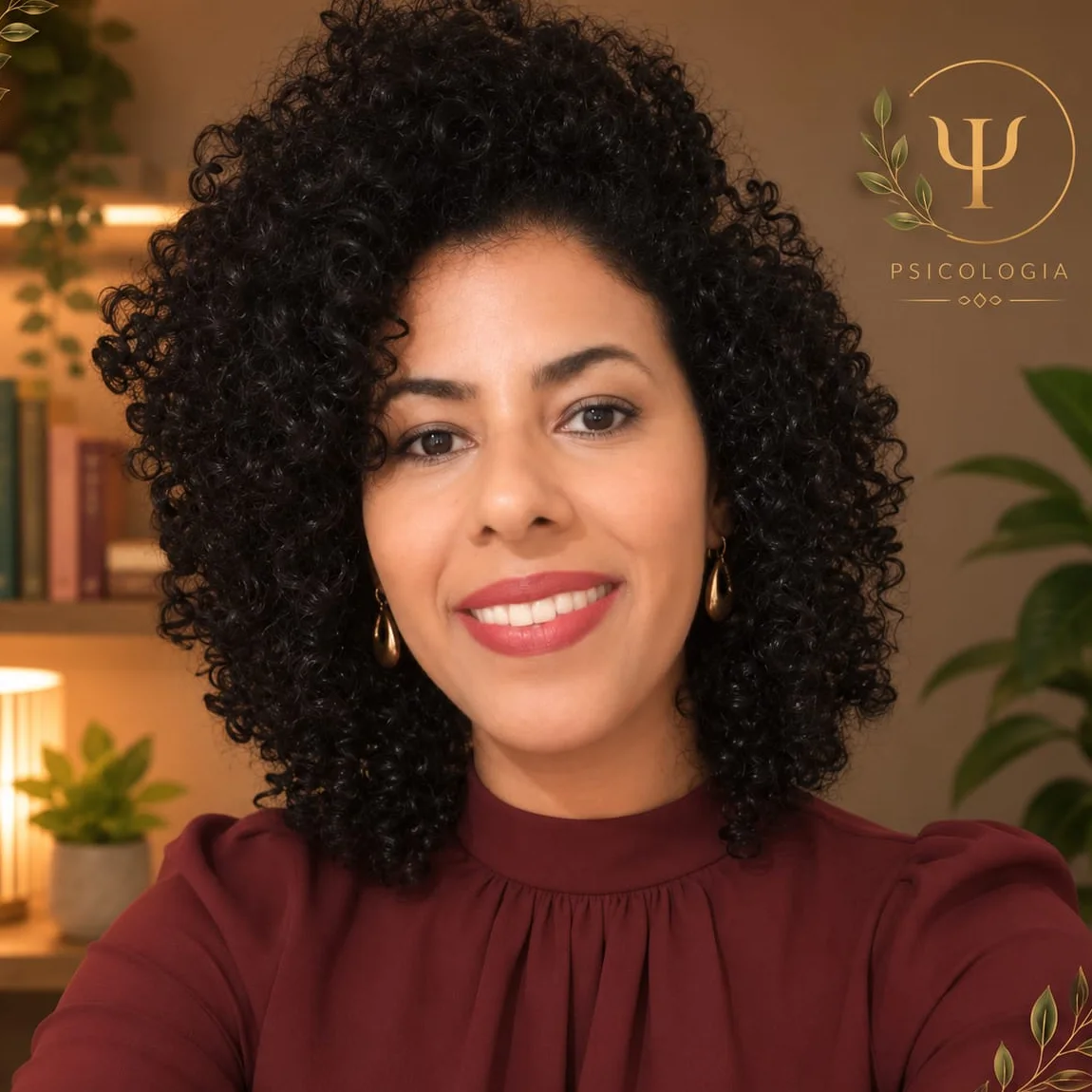Renata Lima em seu consultório, diante de uma estante de livros